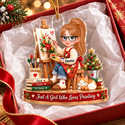 Personalized Acrylic Ornament, Girl Painting by a Christmas Tree, Unique Gift for Granddaughter