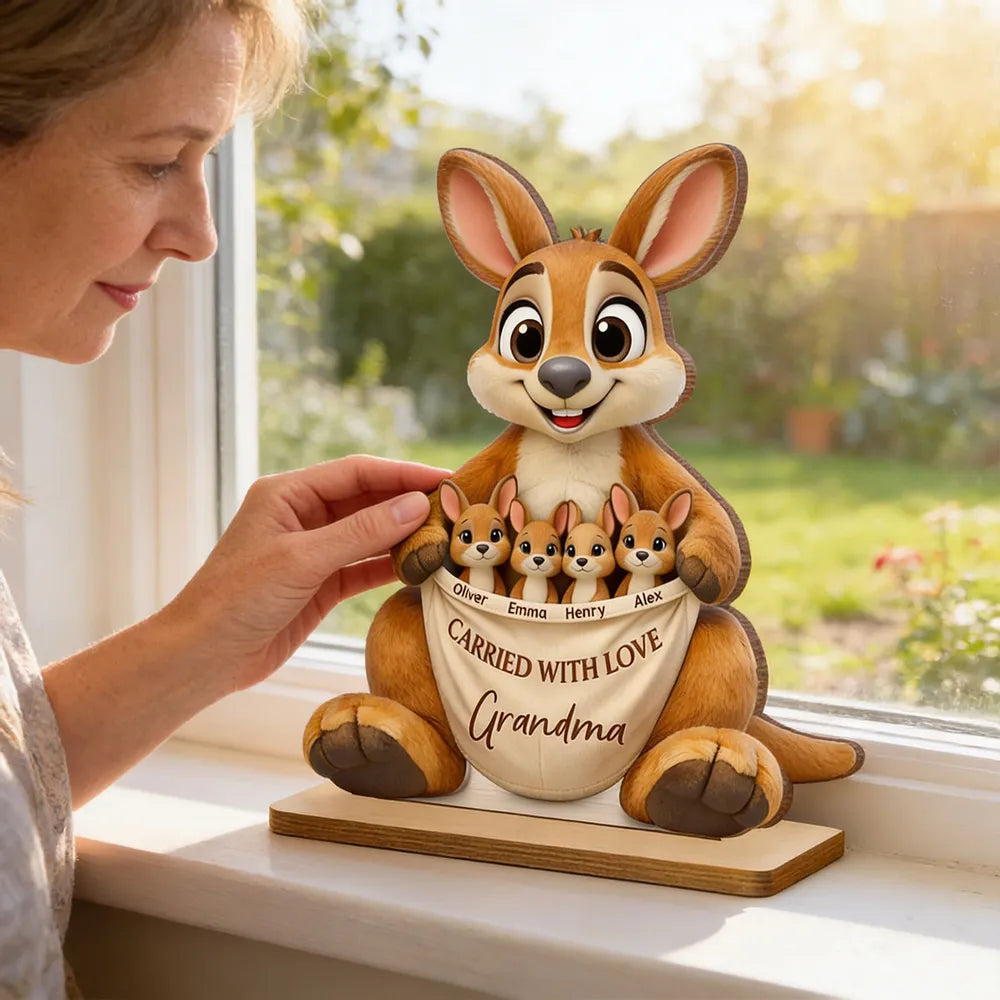 2-Layer Wooden Plaque Personalized Family Keepsake, Cute Kangaroo Grandma Holding Joeys With Carried With Love, Heartfelt Gift