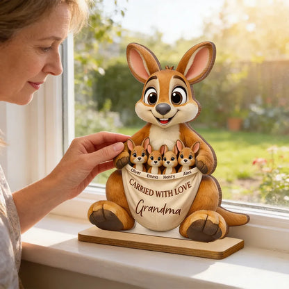 2-Layer Wooden Plaque Personalized Family Keepsake, Cute Kangaroo Grandma Holding Joeys With Carried With Love, Heartfelt Gift