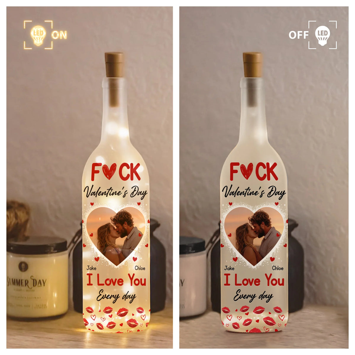 I Love You Every Day Photo Bottle Lamp, Heart Couple Kiss Warm Glow Decor, Unique Valentine's Day Gift