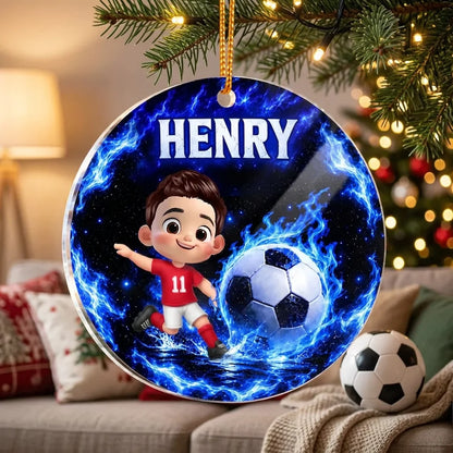 Personalized Acrylic Ornament, Electric Blue Cartoon Soccer Player Kicking a Ball, Unique Christmas Gift for Kids