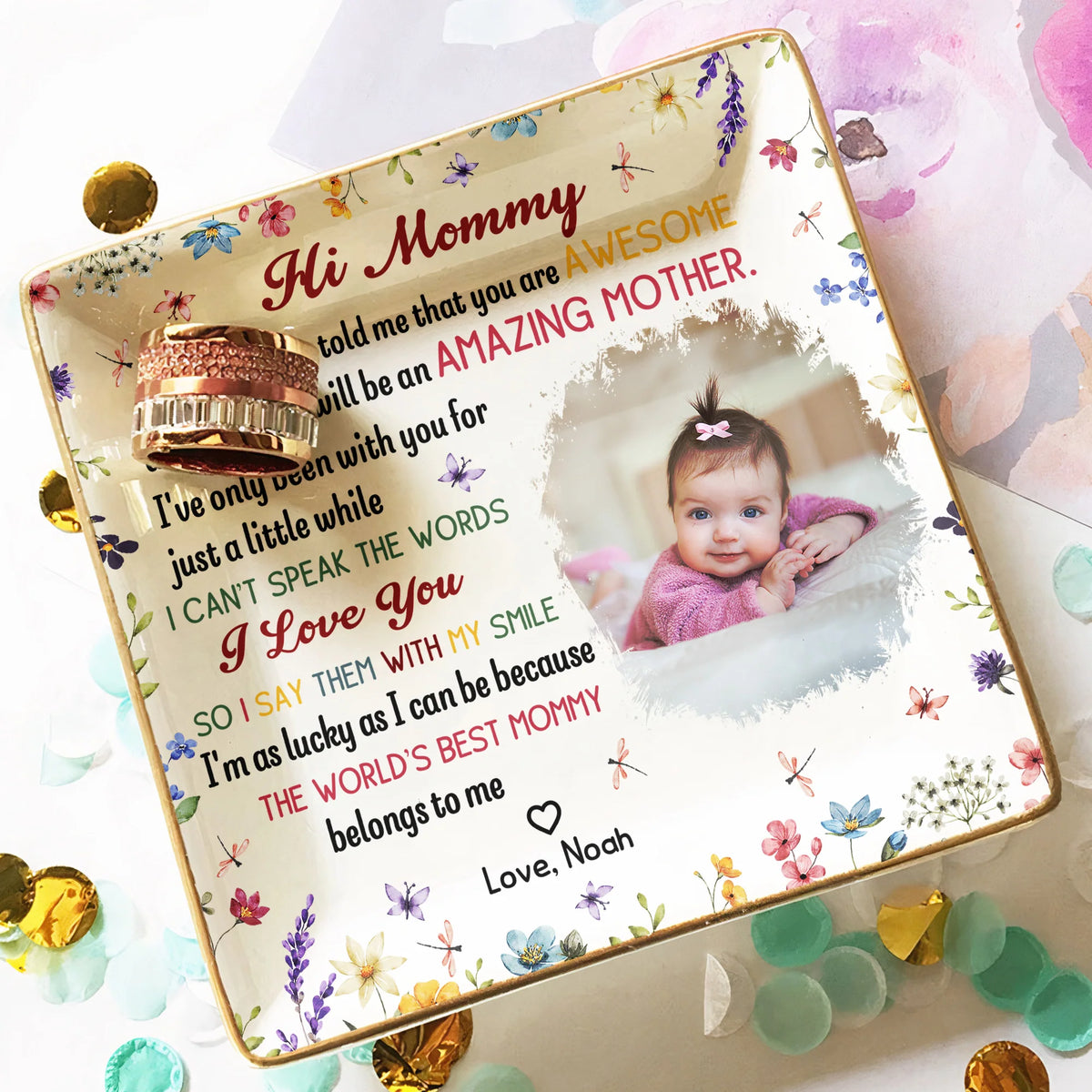 New Mom Jewelry Dish with Baby Photo, Floral Border Design, Sweet Keepsake Catchall, Unique Mother's Day Gift