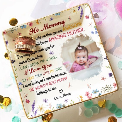 New Mom Jewelry Dish with Baby Photo, Floral Border Design, Sweet Keepsake Catchall, Unique Mother's Day Gift