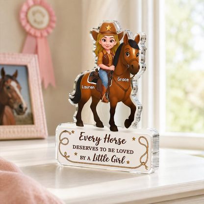 Personalized Shaped Acrylic Block Plaque, Cartoon Cowgirl Riding a Horse, Unique Gift for Horse Lovers