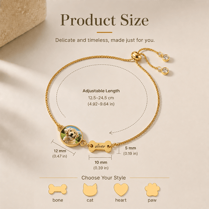 Personalized Pet Photo Bracelet with Name Charm, Custom Portrait Jewelry for Dogs, Cats & More