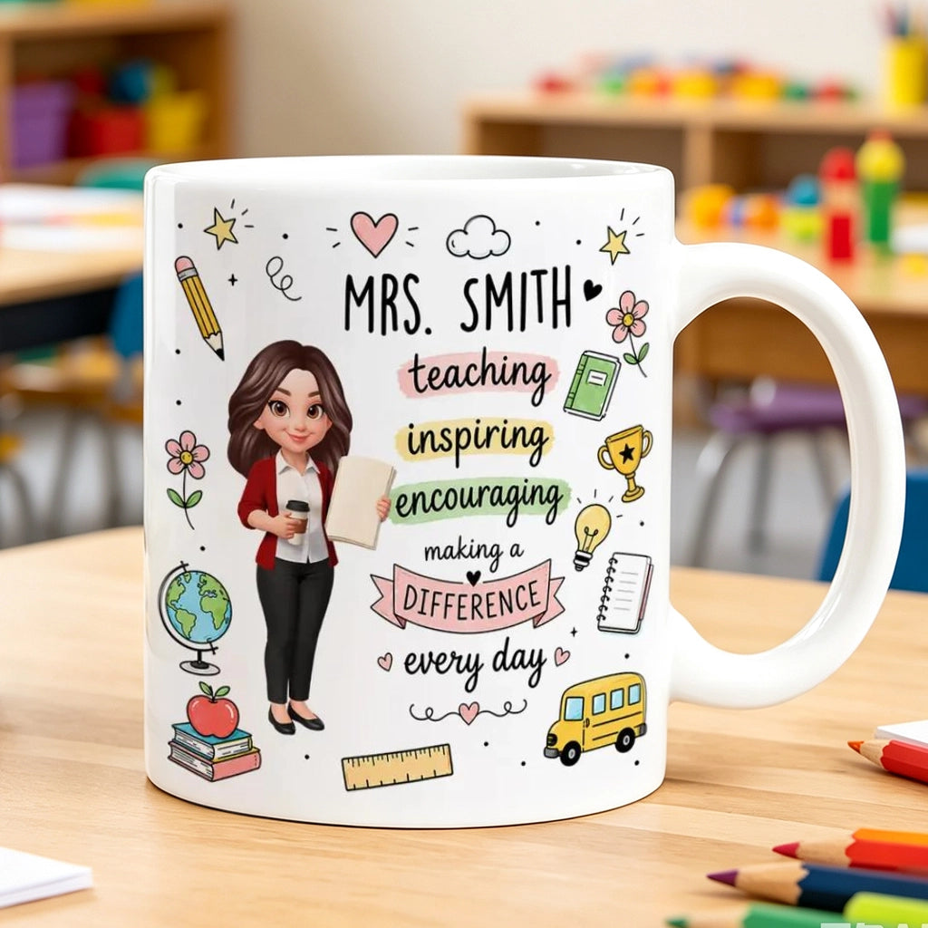 Personalized Ceramic Mug for Teacher, Cute Teacher Illustration & School Icons, Unique Back-to-School Gift