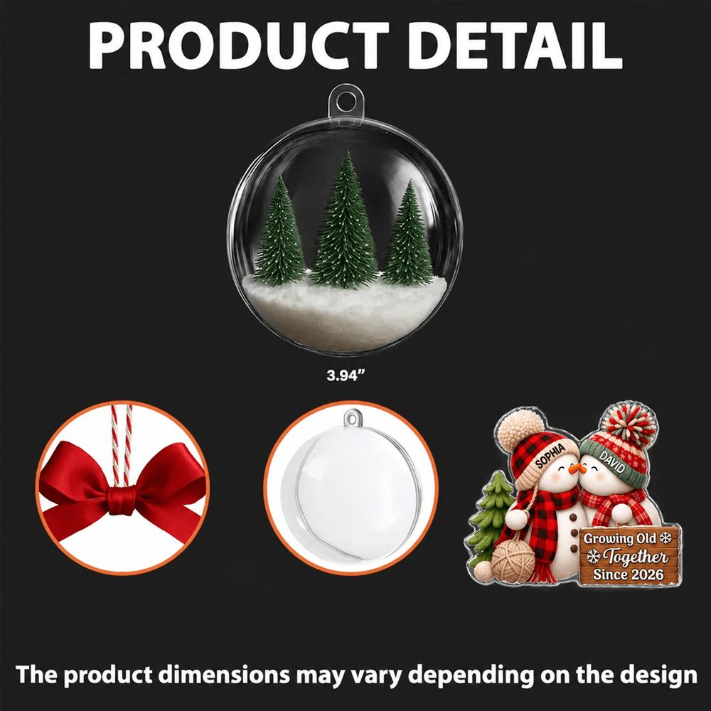 Personalized Acrylic Snow Globe Ornament, Cuddling Snowman Couple, Unique First Christmas Together Gift