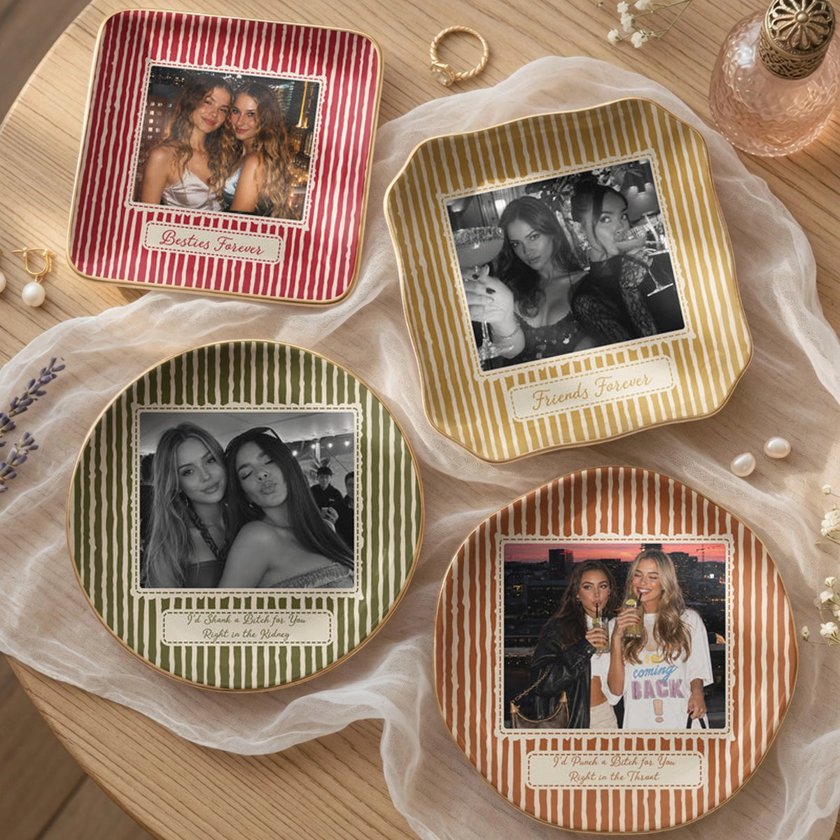 Personalized Jewelry Dish with Friend Photo, Vintage Stripes, Unique Gift for Close Friend or Sister