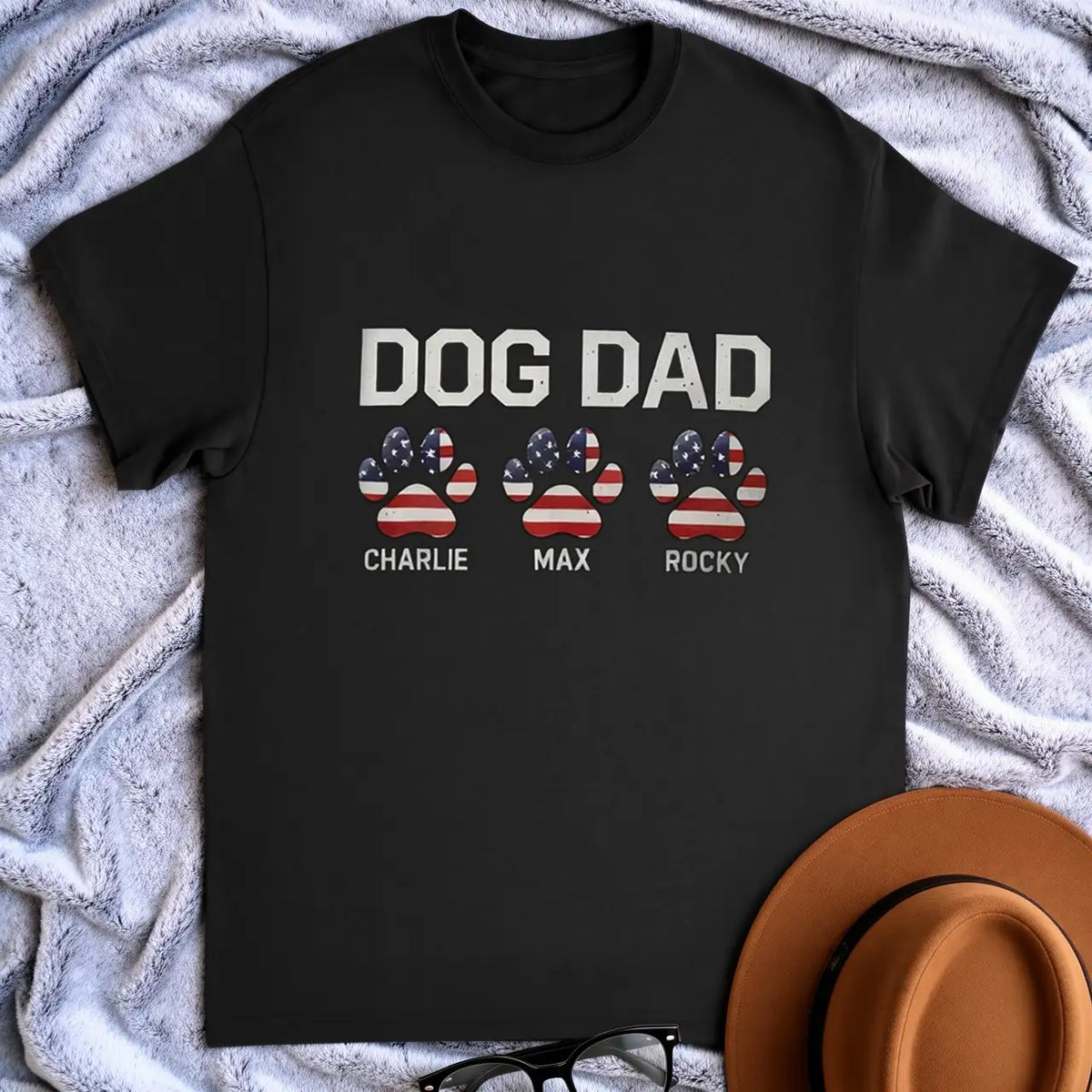Personalized Dog Dad Classic Tee with Flag Paw Prints, Unique Creative Gift for Pet Owners Holding Leashes
