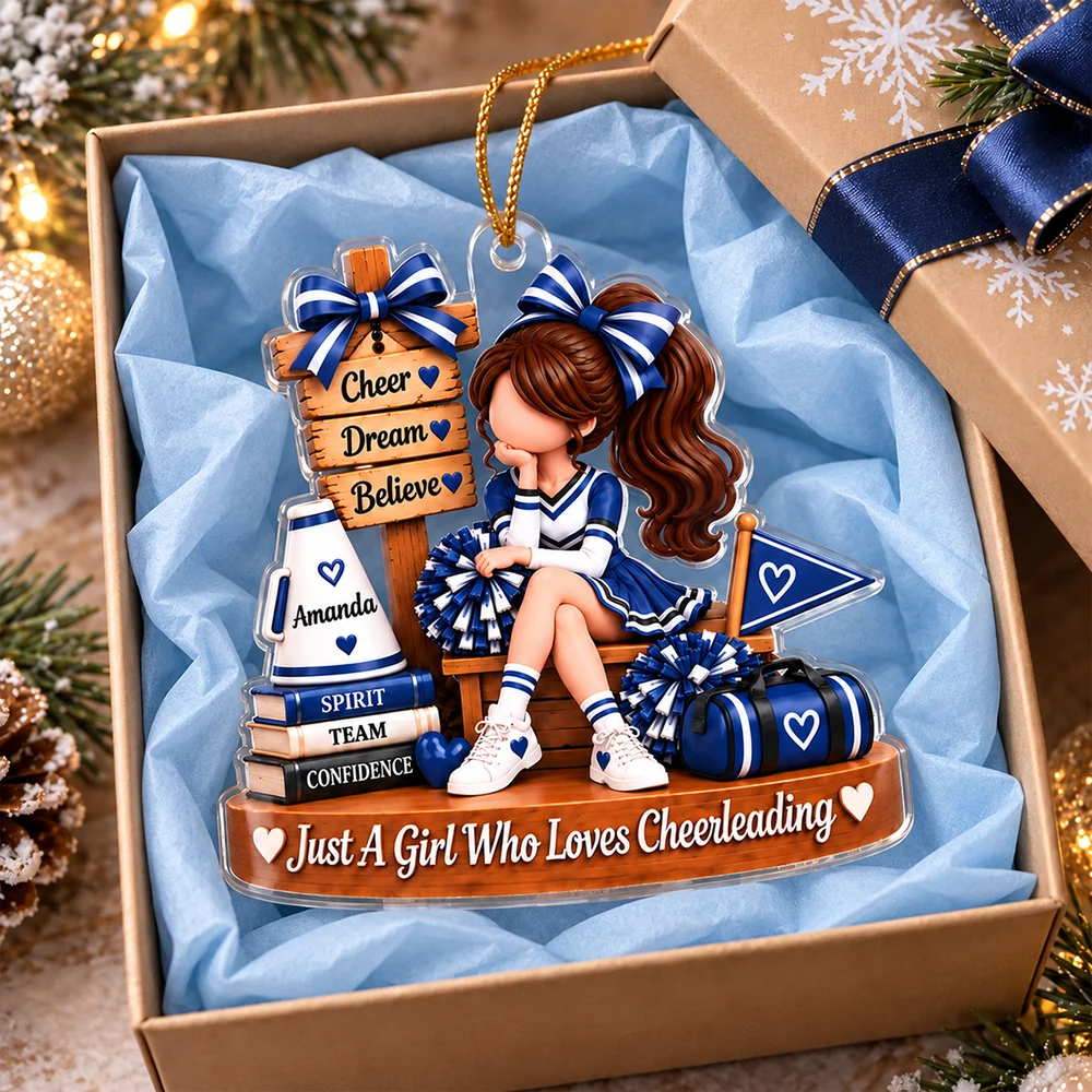 Personalized Acrylic Ornament, Seated Cheerleader with Pom Poms, Unique Christmas Gift for Daughter or Granddaughter