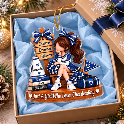 Personalized Acrylic Ornament, Seated Cheerleader with Pom Poms, Unique Christmas Gift for Daughter or Granddaughter