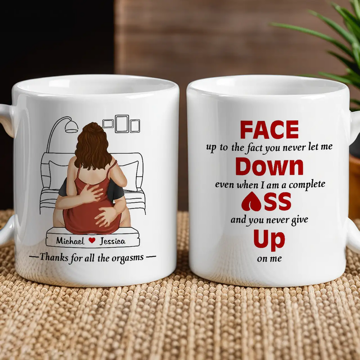 Personalized Ceramic Mug with Hugging Couple Art, Cheeky Quote, Unique Creative Gift for Partner