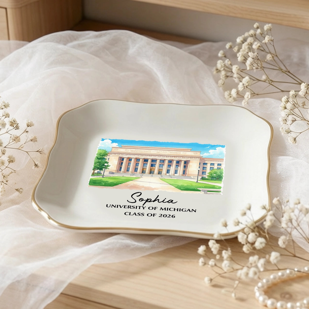 Personalized University Jewelry Dish with Campus Illustration, Unique Graduation Keepsake Gift for Her