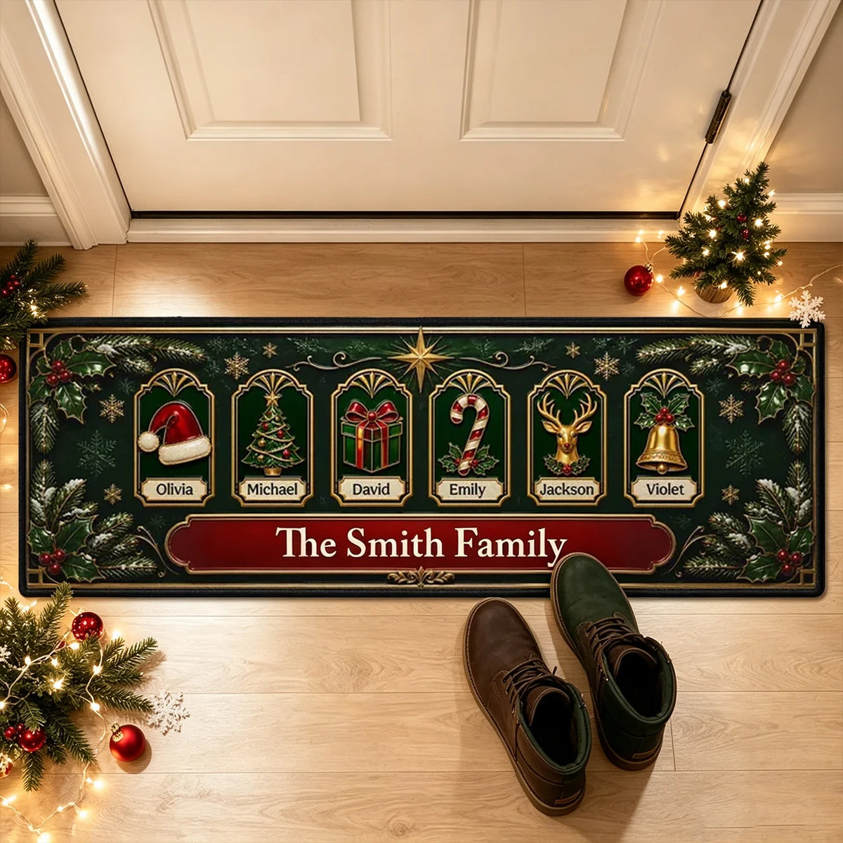 Christmas Doormat with Personalized Tree, Gift & Reindeer Icons, Heartwarming Creative Gift for Loved Ones