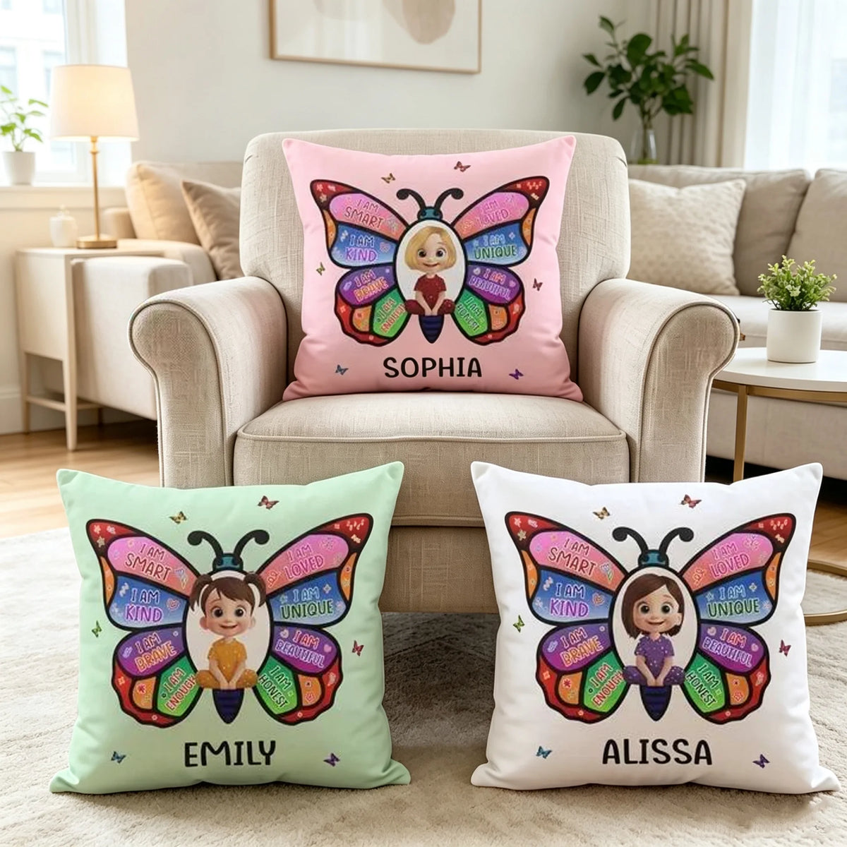Personalized Square Pillow with Colorful Butterfly Affirmations, Unique Gift for Kids and Grandkids