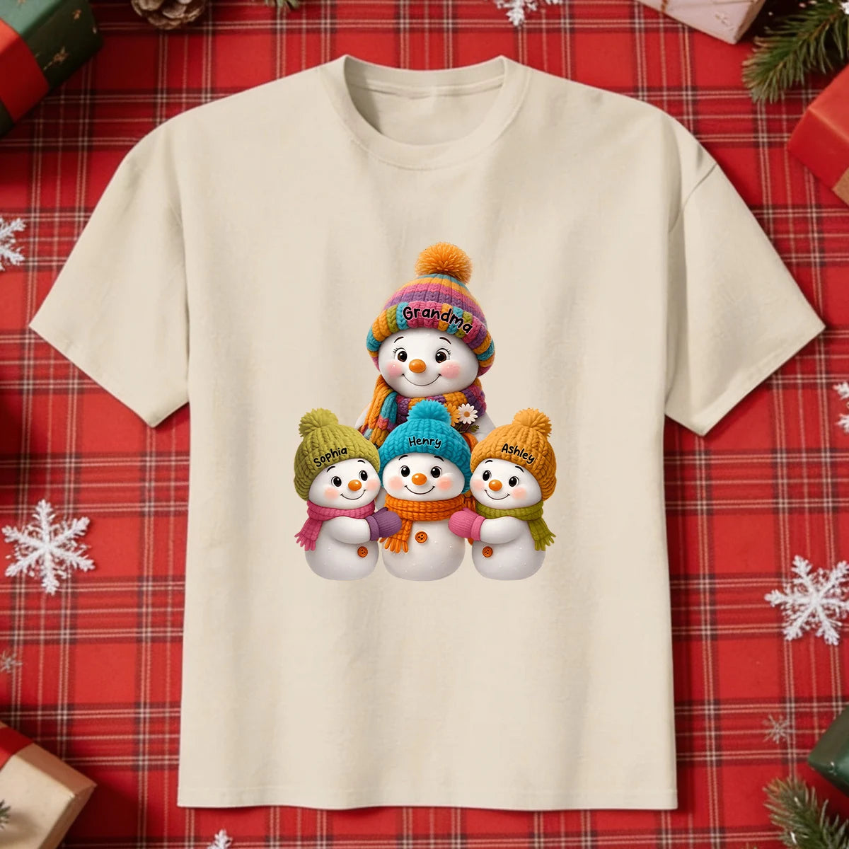 Personalized Classic Tee, Colorful Grandma Snowman Family Gathered Together, Unique Christmas Gift for Grandma