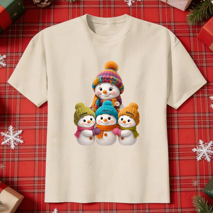 Personalized Classic Tee, Colorful Grandma Snowman Family Gathered Together, Unique Christmas Gift for Grandma