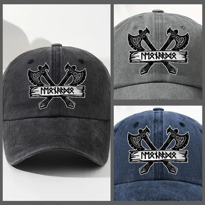 Washed Denim Baseball Cap with Crossed Viking Axes Rune Style, Personalized One of a Kind Everyday Sun Cap, Cool Gift