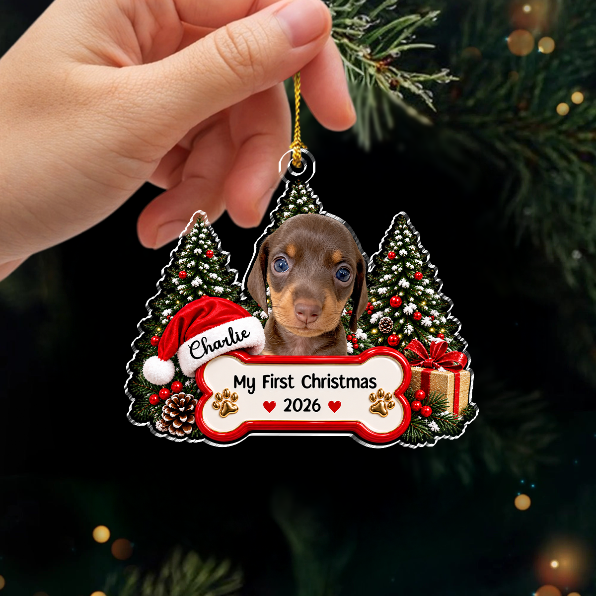 Custom Pet Photo Acrylic Ornament, Snowy Christmas Tree Scene, Unique Gift for Pet Parents