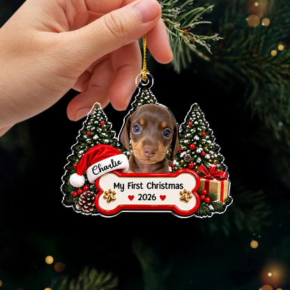 Custom Pet Photo Acrylic Ornament, Snowy Christmas Tree Scene, Unique Gift for Pet Parents