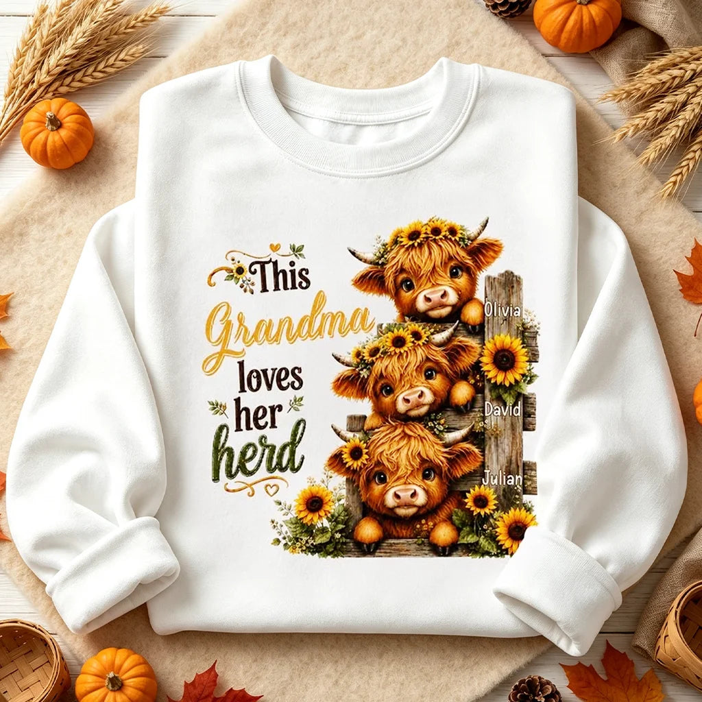 Grandma Loves Her Herd Sweatshirt, Personalized Sunflower Cow Art, Creative Gift for Grandma