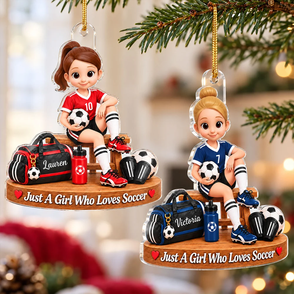 Personalized Acrylic Ornament, Red Cartoon Soccer Girl Holding a Ball, Unique Christmas Gift for Young Player