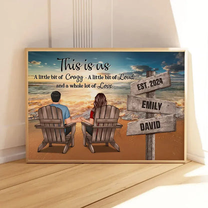 Romantic Beach Landscape Couple Sitting Holding Hands Sign Posts Personalized Poster or Plaque or Keychain or Ornament, Home Decoration, Gift For Him, For Her