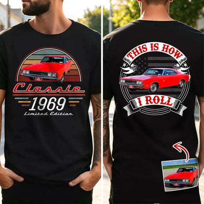 Personalized Dual Print Classic Tee with Red Vintage Car, Unique Creative Gift for Car Enthusiast
