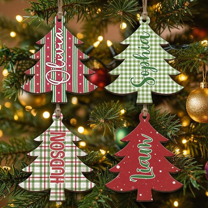 Personalized Wooden Ornament, Plaid Christmas Tree Keepsake, Unique Gift for Family