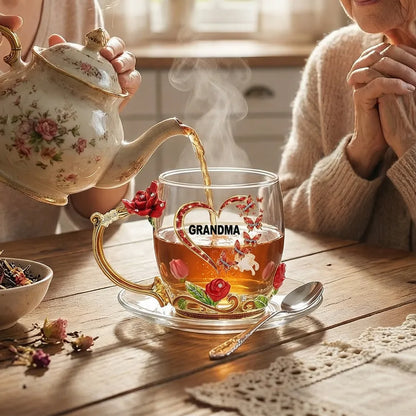 Personalized Enamel Flower Tea Cup for Grandma - Butterfly Heart Design, Unique Gift for Her Tea Moments