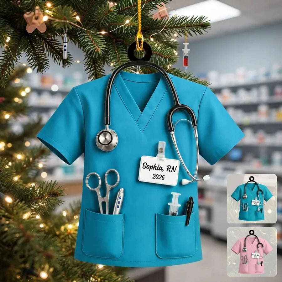 Personalized Acrylic Ornament, Teal Nurse Scrubs on a Christmas Tree, Unique Gift for Nurse