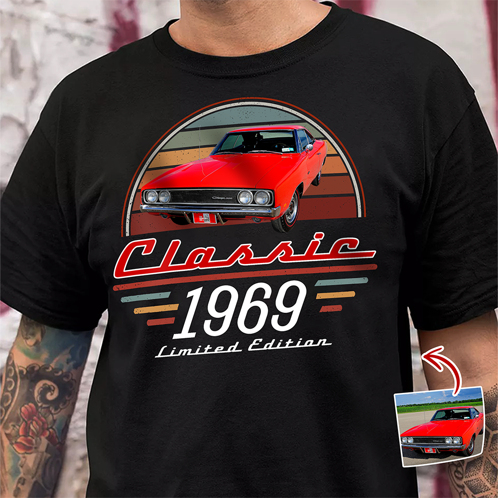 Personalized Dual Print Classic Tee with Red Vintage Car, Unique Creative Gift for Car Enthusiast