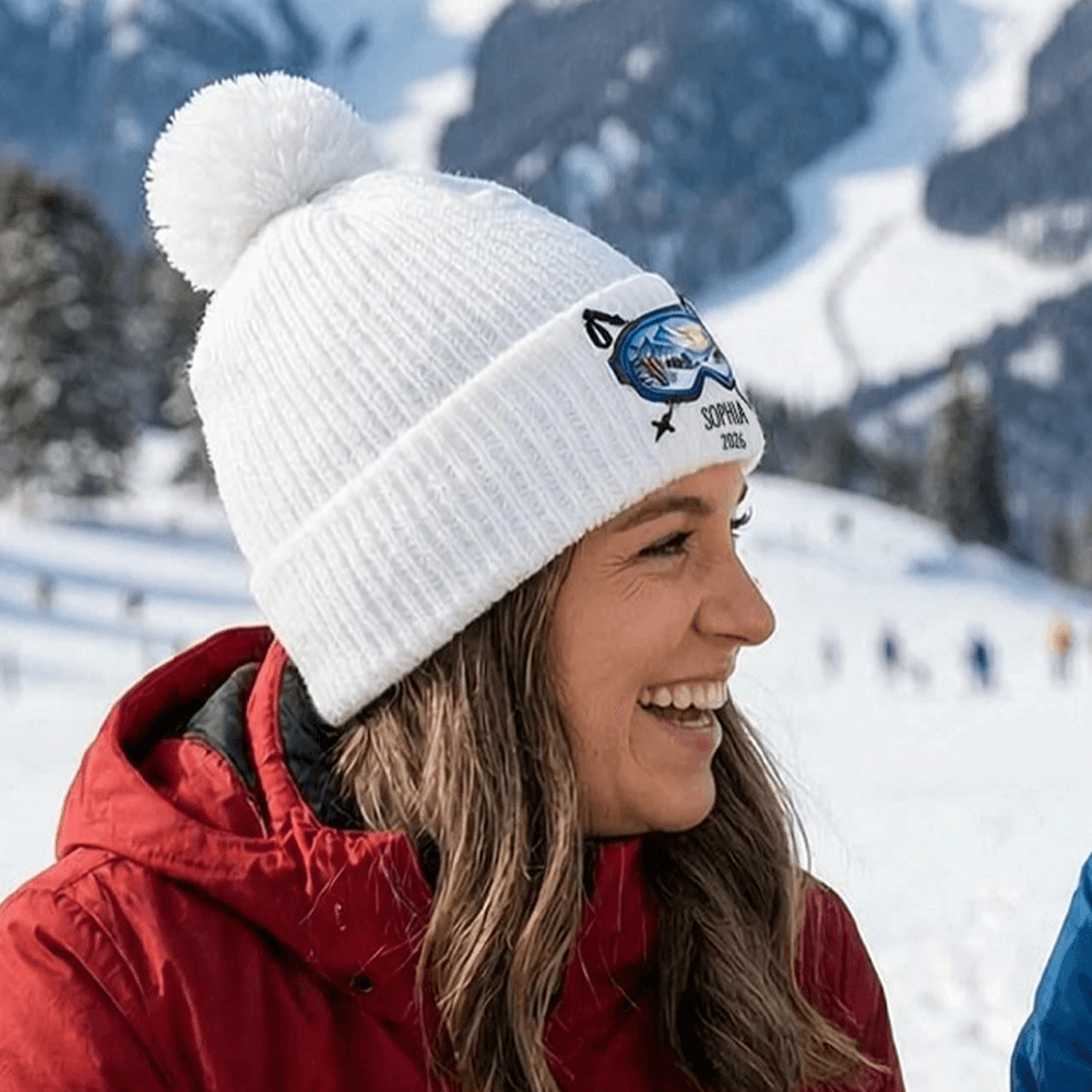 Custom Name and Year Ski Goggles Embroidered Pom Pom Beanie, Alpine Mountain Winter Hat, Gift for Ski Lovers