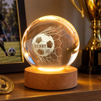 Personalized Globe Lamp, Soccer Ball Hitting the Net in Warm Amber Light, Unique Gift for Soccer Players