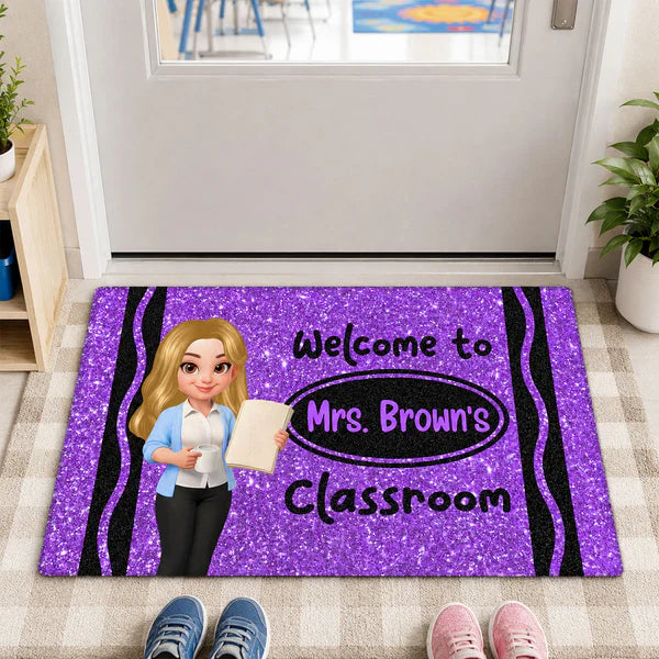 Standard Doormat, Classroom Welcome with Cartoon Teacher Holding Book, Creative Gift for Teacher Entryway