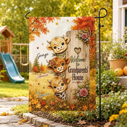 Personalized Highland Cow Garden Flag, Cows Peeking by a Rustic Sign, Unique Autumn Gift for Grandparents