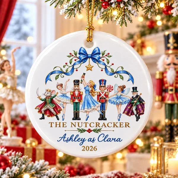 Personalized Ceramic Ornament with Dancing Ballerinas and Nutcracker Cast, Unique Gift for Ballet Dancers