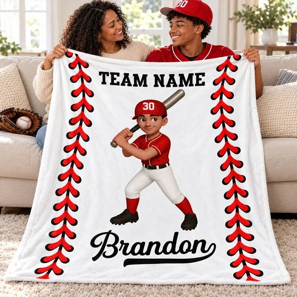 Personalized Fleece Blanket, Cartoon Baseball and Softball Player Holding a Bat, Unique Gift for Son or Daughter