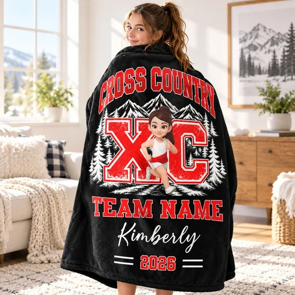 Cross Country Fleece Blanket, Personalized Team Spirit Artwork, Creative Gift for Runners and Grandkids