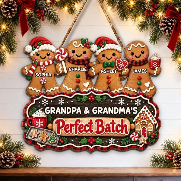 Personalized Wooden Sign with Gingerbread Family Standing Together, Christmas Decor, Unique Gift for Grandparents