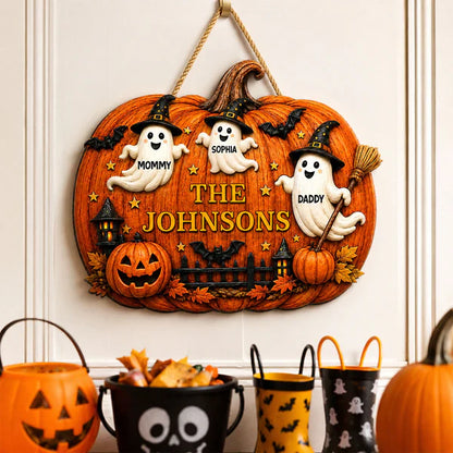 Personalized Wooden Sign With Cute Ghost Family & Pumpkin Decor, Unique Creative Gift For Family