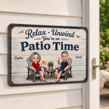 Personalized Metal Sign with Seated Patio Couple, Relax Unwind Decor, Unique Gift for Couples