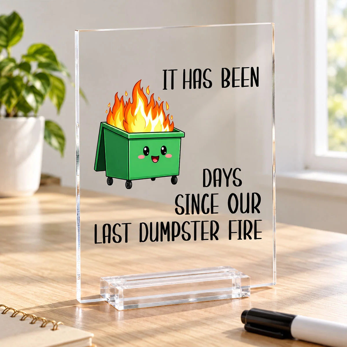 Personalized Acrylic Plaque, Green Cartoon Dumpster Fire Desk Decor, Unique Gift for Coworkers