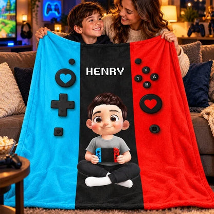 Personalized Fleece Blanket, Young Gamer Holding a Console, Heartfelt Creative Gift for Sons and Grandsons