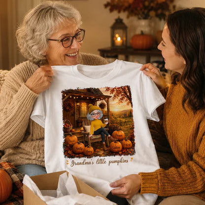 Personalized Classic Tee, Grandma Sitting on Fall Porch, Unique Gift from Grandkids