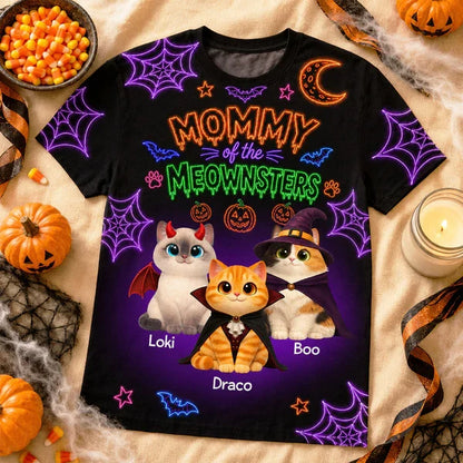 Personalized Printed Classic Tee, Neon Halloween Cats in Costumes, Unique Gift for Cat Mom
