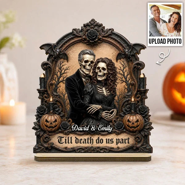 Personalized 2-Layer Wooden Plaque, Embracing Skeleton Couple, Unique Gothic Halloween Gift for Couples