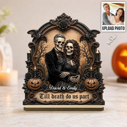 Personalized 2-Layer Wooden Plaque, Embracing Skeleton Couple, Unique Gothic Halloween Gift for Couples
