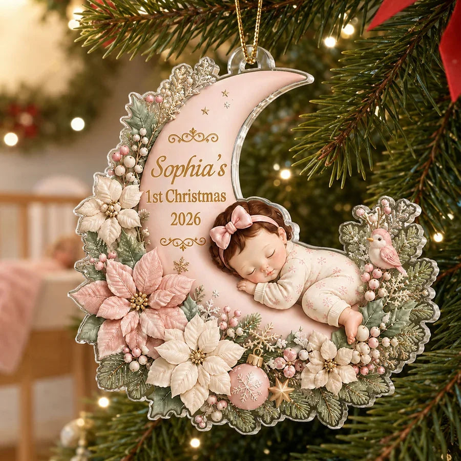 First Christmas Acrylic Ornament, Sleeping Baby on Blush Floral Moon, Personalized Creative Gift for Mom & Dad