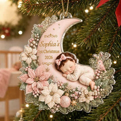 First Christmas Acrylic Ornament, Sleeping Baby on Blush Floral Moon, Personalized Creative Gift for Mom & Dad